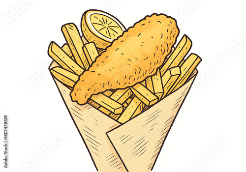 Classic Fish and Chips with Lemon Wedge in a Paper Cone