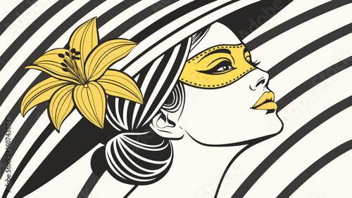 Woman with yellow flower in hair and decorative mask on striped background  