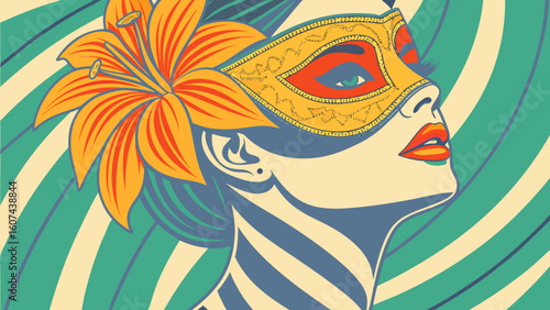 Woman in a mask with a flower in her hair against colorful background  