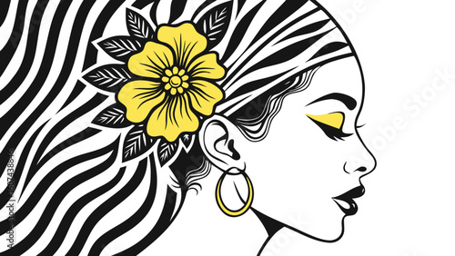 Woman with floral hair accessory in black and yellow graphic style  