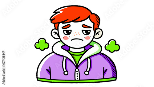 Boy with red hair looking frustrated while wearing purple hoodie  