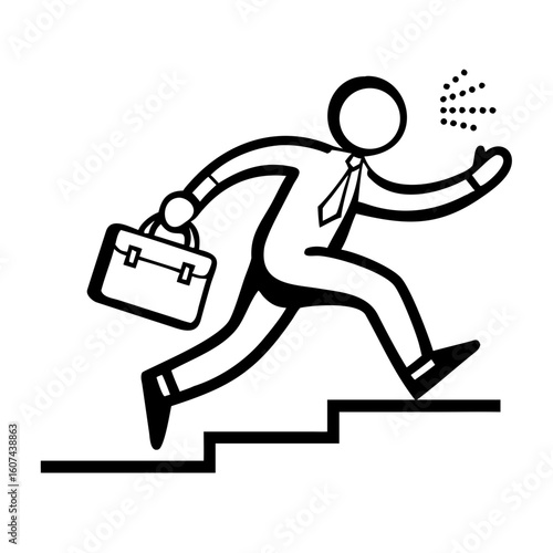 Person running up stairs with briefcase and waving goodbye  