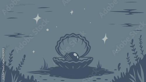 Oyster shell with pearl shining under stars in calm waters  
