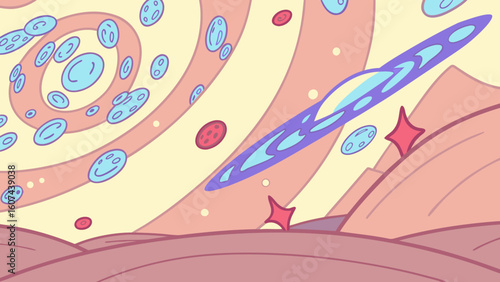 Colorful abstract galaxy illustration with swirling stars and planets  