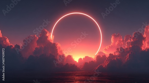 Neon ring above a fiery sunset