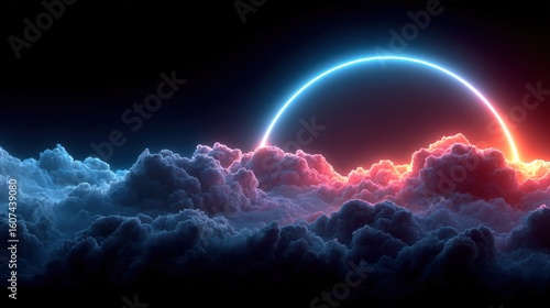 Neon celestial ring over swirling clouds