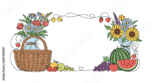 Illustrated basket of fruits and flowers with decorative border design  