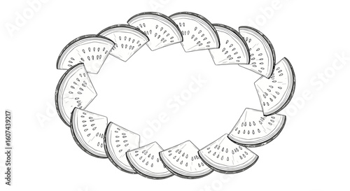 Sliced watermelon arranged in a circular pattern on white background  