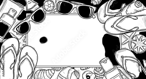 Holiday travel accessories including sunglasses and flip-flops in black and white  