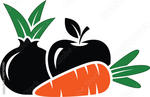 Healthy Food Fruits and Vegetables Icon - Pomegranate Apple Carrot Graphic