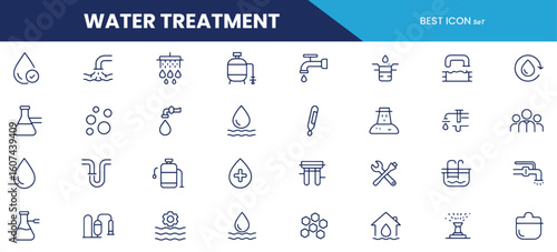 Water Treatment Line Icons – Filtration, Purification, Plumbing & Utility Symbols for Environmental, Industrial, and Engineering Use