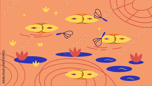Colorful abstract fish swimming among lily pads on orange backdrop  