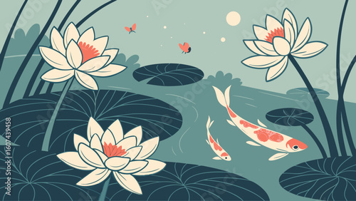 Koi fish swimming among lotus flowers in serene water pond  