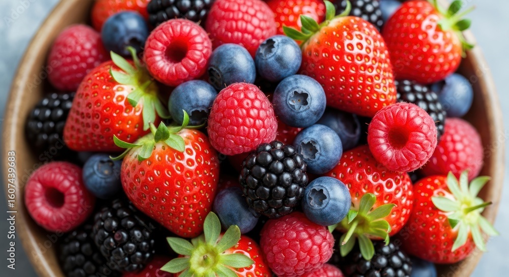 Obraz premium Vibrant mixed berries: Strawberries, raspberries, blueberries, and blackberries in a close-up, colorful display