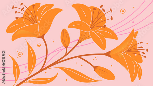 Orange flowers with decorative leaves on pink background  
