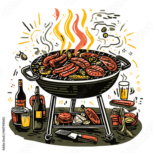 Delicious cuts of meat sizzle over hot charcoal on a barbecue grill, perfect for a summer picnic meal
