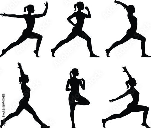 Silhouettes of men and women running, playing soccer, and engaging in various sports actions are illustrated in black vector figures, capturing the essence of athletic competition and fitness