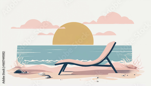 Minimalist Beach Sunset with Peaceful Chaise Lounge Scenery