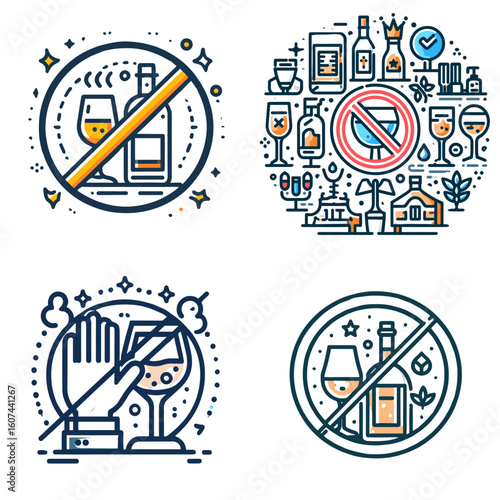 Stop alcohol banner with crossed-out drinks in modern style  