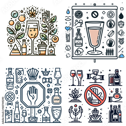 Stop drinking poster with illustrations of beverages and warnings  
