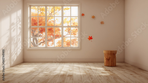 Warm autumn room with wooden stool and falling leaves interior window