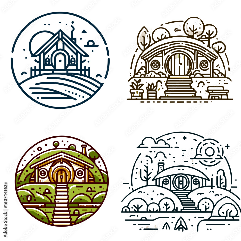 Fototapeta premium Hobbit house illustrations on hill in colorful and line art style