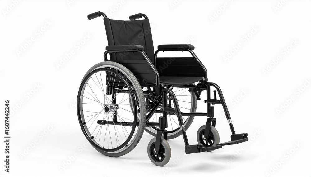 Fototapeta premium A blue and black manual wheelchair with large rear wheels and small front casters, resting on a plain surface—representing mobility, resilience, and inclusive design.