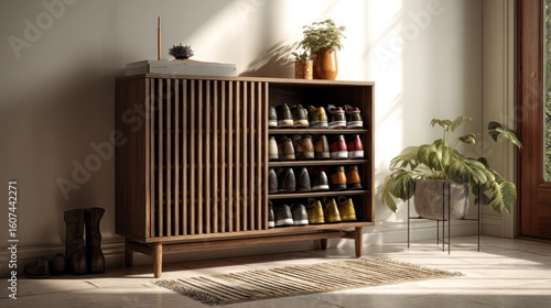Wooden shoe cabinet with numerous pairs of shoes