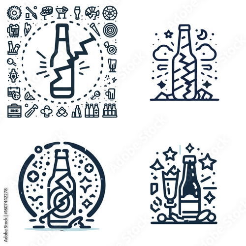 Broken beer bottle illustration with decorative elements and icons  