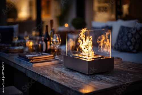 Modern Tabletop Fireplace and Dinner.