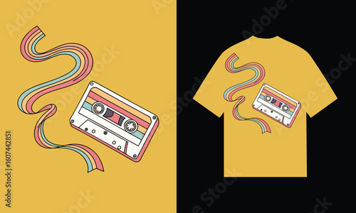 Retro cassette tape with rainbow ribbon graphic on t shirt