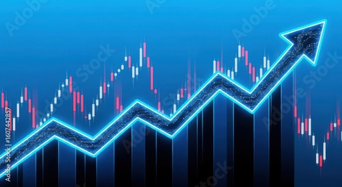 Sky blue sharp arrow moving up a financial graph, dark background, high detail,	