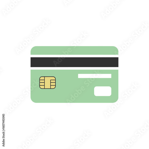 Flat Design Green Credit Card with Chip Black Stripe and Rounded Corners.