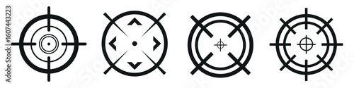 Crosshair and target icon set, sniper scope sights, and linear outline symbols for precision and game interface.