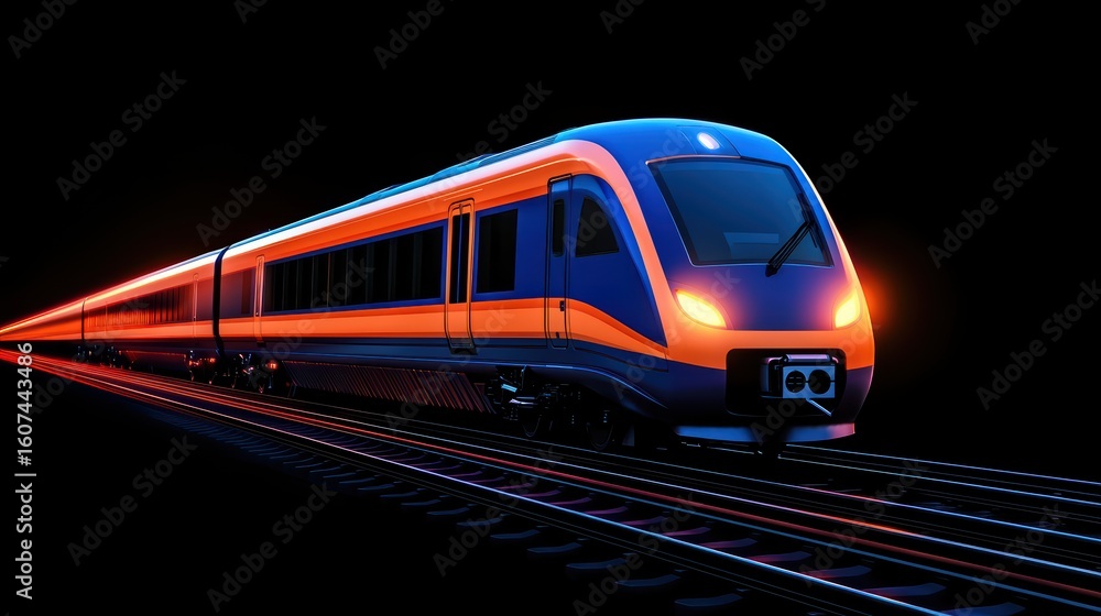 Naklejka premium Modern High-Speed Train on Tracks at Night with Motion Blur
