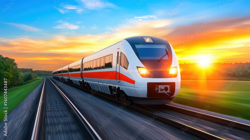 Fototapeta premium Modern Train Traveling Through Scenic Sunset Landscape