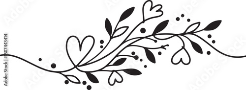 Minimalist decorative floral flourish, single-line black ink design on white background, heart and leaf motifs.
