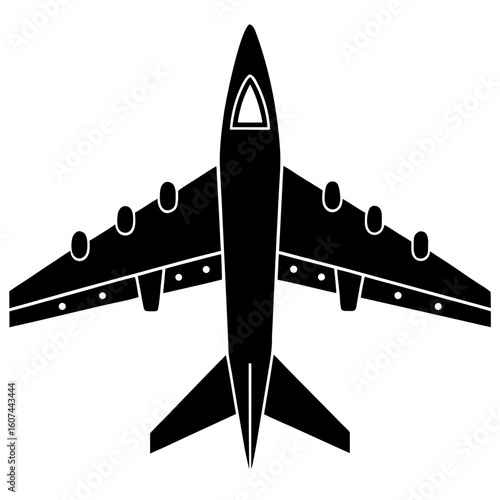 A black silhouette of an airplane seen from above, isolated on a white background