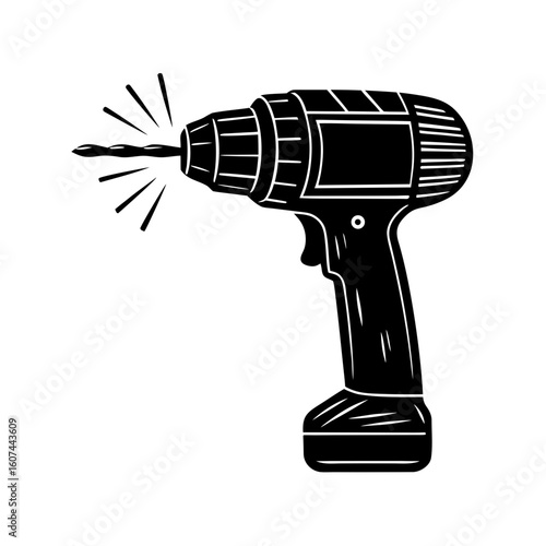 A black and white cordless power drill with a spinning drill bit isolated on a white background