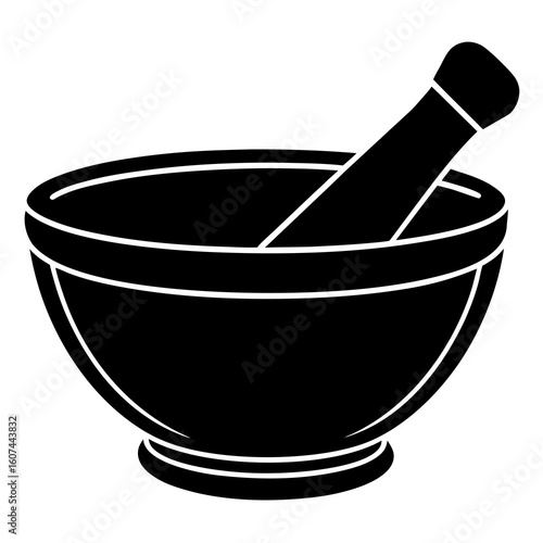 A black and white silhouette of a mortar and pestle