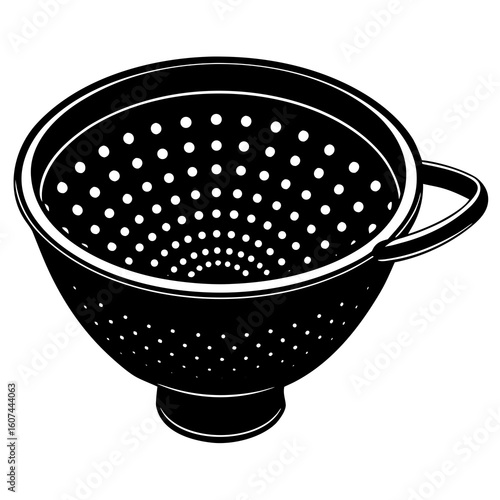 A black colander with numerous holes for draining liquids, isolated on white background