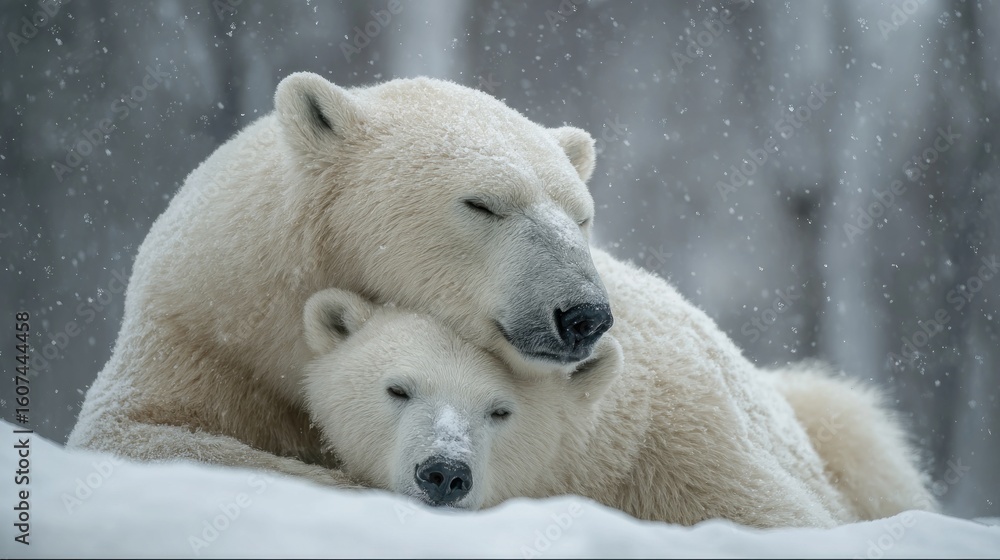 Two polar bears cuddle in snowy landscape (1) Two polar bears cuddle in snowy landscape (1)