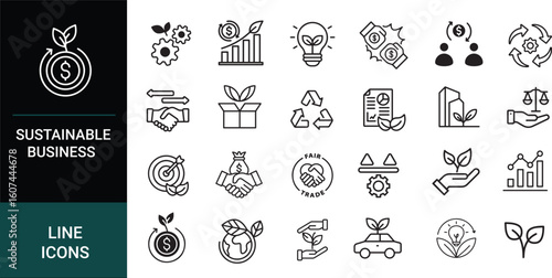 Sustainable Business Line Icon Set – Vector Symbols Illustrating Eco-Friendly Economy, Ethical Trade, Green Innovation, Corporate Responsibility, and Circular Growth Concepts