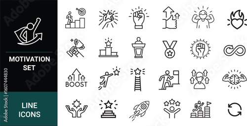Motivation & Achievement Line Icon Set – Vector Illustrations Representing Success, Goal Setting, Personal Growth, Confidence, Empowerment, and Positive Mindset Concepts