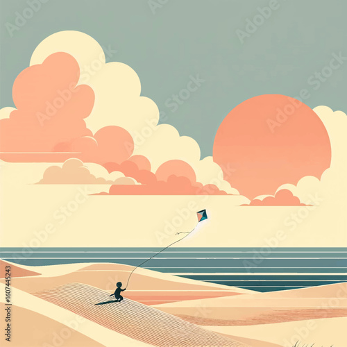 Child's Wonder: Kite Flying at Pastel Sunset Beach