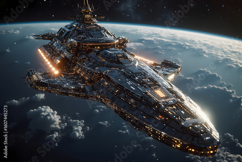 Majestic Spaceship Orbiting Earth