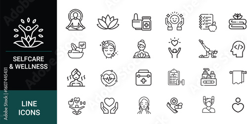 Selfcare & Wellness Line Icon Set – Vector Symbols Representing Mental Health, Relaxation, Spa, Healthy Lifestyle, Fitness, and Mindfulness Activities
