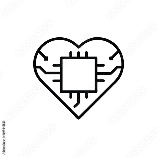 Outline heart with integrated circuit board processor chip