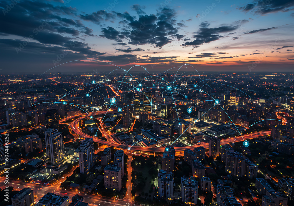 Naklejka premium Connected modern cityscape at dusk showcases global network connectivity and futuristic communications