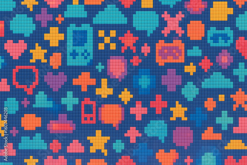 Seamless pixel art pattern with retro 8-bit and 16-bit style, colorful blocks, pixelated icons, nostalgic game elements, low-resolution textures, repetitive layout, high resolution